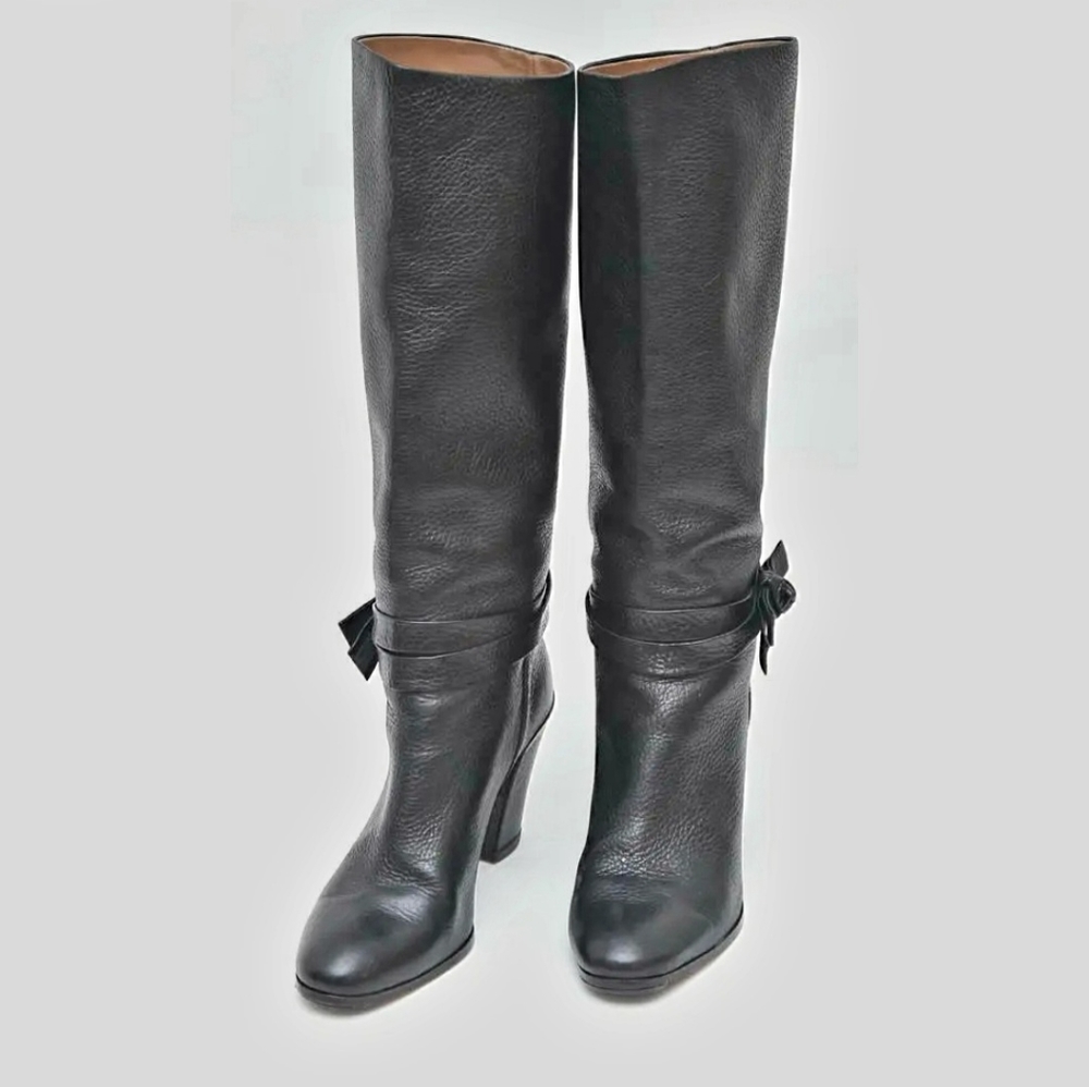 KATE SPADE MADIE BOOTS BOW ACCENTS Black Pebbled LEATHER Rounded Toe Sz 9.5